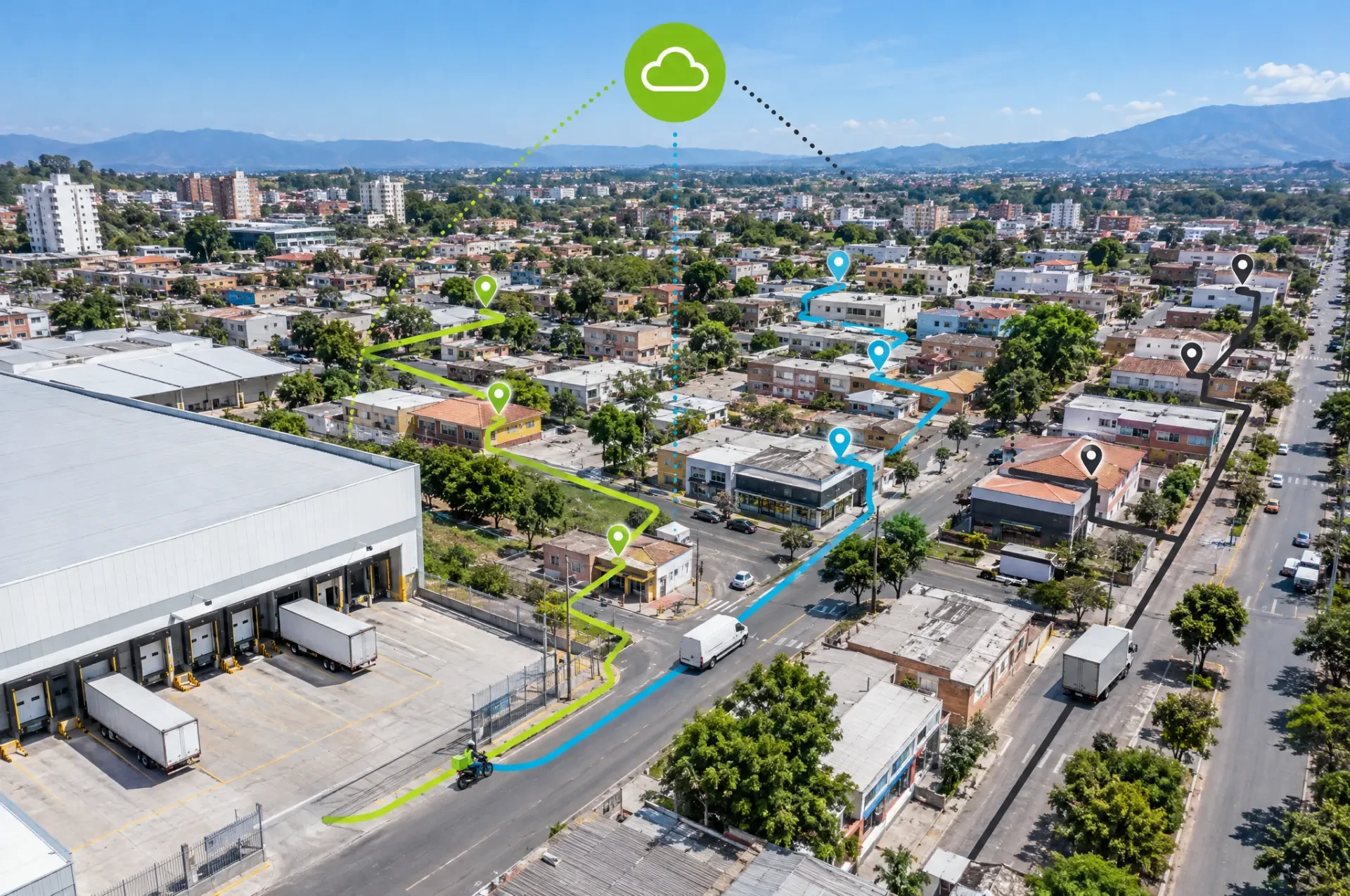 Vista aérea de rutas de entrega optimizadas para varios vehículos desde un centro de distribución